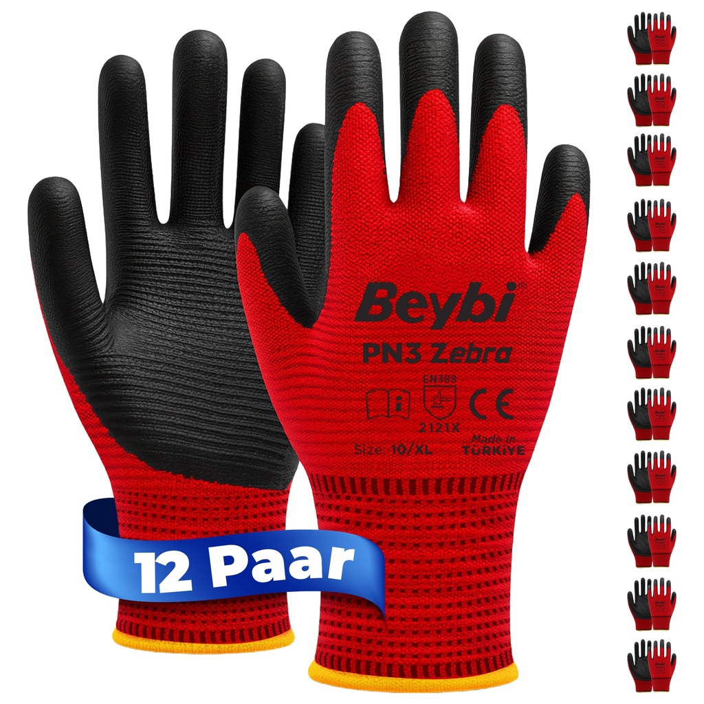 Beybi| 12 Paar Arbeitshandschuhe - Polyester, Nitrile 1/2 Coated, rutschfest