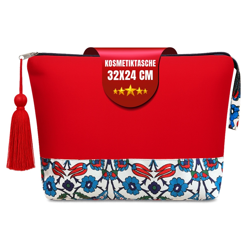 Kulturtasche Damen, Kosmetiktasche Rot, Etnisches Muster, 32x24 cm
