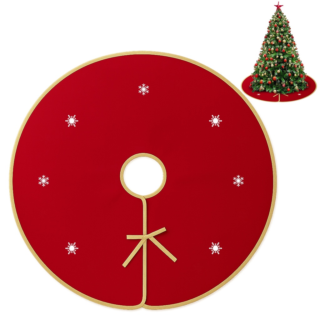 Weihnachtsbaumrock Rund Rot-Gold mit Schneeflocken-Motiv, 90 cm Weihnachtsdeko