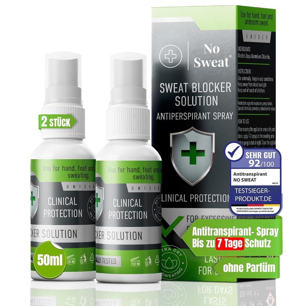 2 Stück No Sweat Antitranspirant Spray 50ml - Extra Stark, 7 Tage Schutz gegen Schwitzen x2