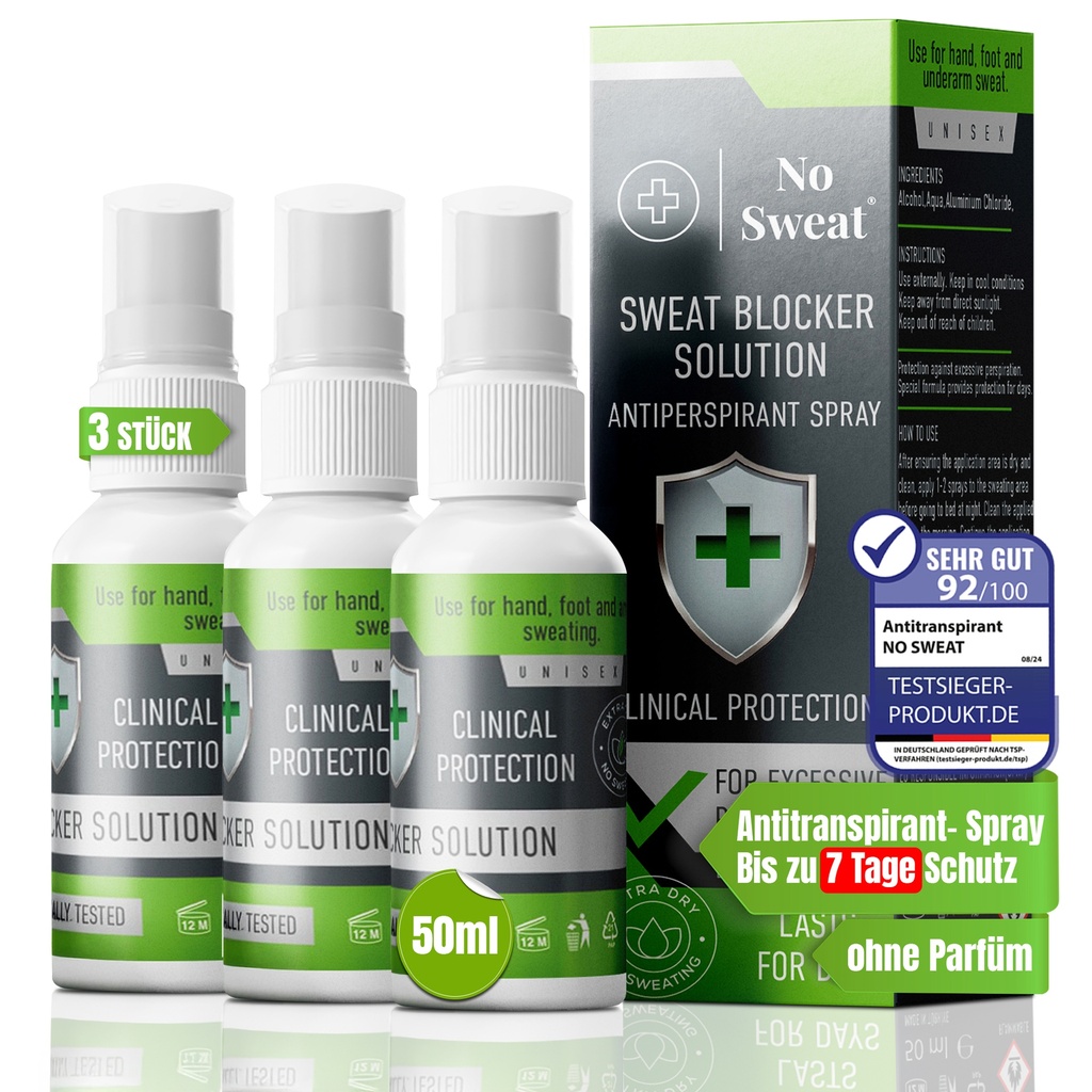 3 Stück No Sweat Antitranspirant Spray 50ml - Extra Stark, 7 Tage Schutz gegen Schwitzen