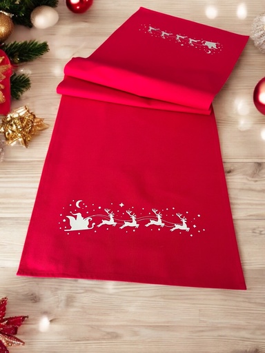 [G-704511] Weihnachtlicher Tischläufer Rot mit Santa&Rentier Golddruck 40x140 Weihnachtsdeko